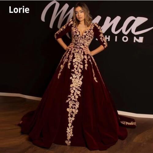 LORIE Elegant Arabic Lace Burgundy Evening Dresses 3/4 Long Sleeves V Neck Velvet Ball Gown Vestidos Formal Party Prom Gowns