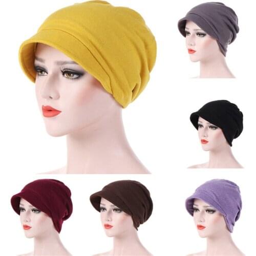 Fashion Stretchy Cotton Chemo Pleated Wide Brim Turban Hat Head Wrap Hijab Cap For Women Female Hats