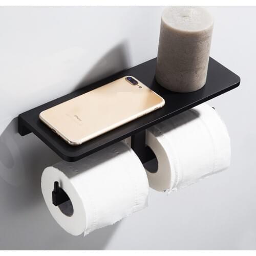 Solid Aluminun Matt Black Toilet Paper Holder Phone Shelf Storage Rack Wall Mounted Bathroom Brushed Gold Dual Roll Paper Holder