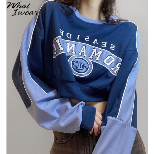 Patchwork Letter Print Fashion Pullover Woman Short Hoodies Croped Tops Korean Style Streetwear Sweatshirt Female Basic Clothing