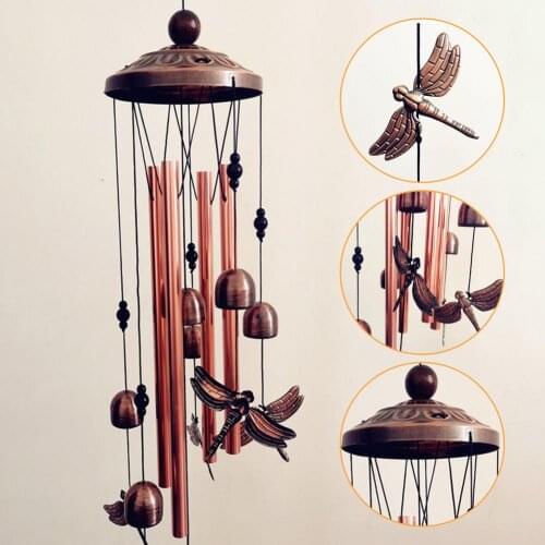 Retro Brass Color Dragonfly Wind Chime Outdoor Garden Aluminum Tubes Hanging Pendant Window Hanging Decor Wind Bells