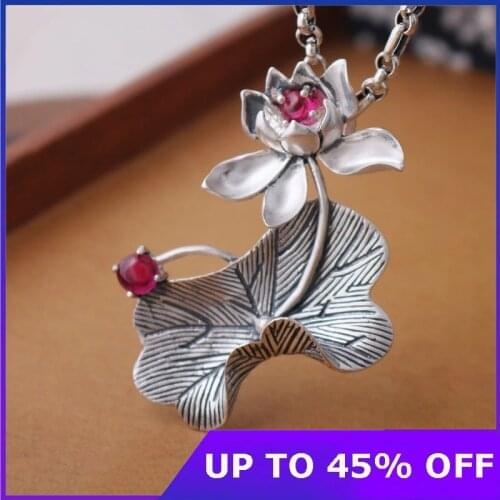 S990 Silver Woman Pendant 43*58MM Retro Matte Leaf Lotus Fashionable Woman Sweater Chain Pendant Jewelry 2021 New