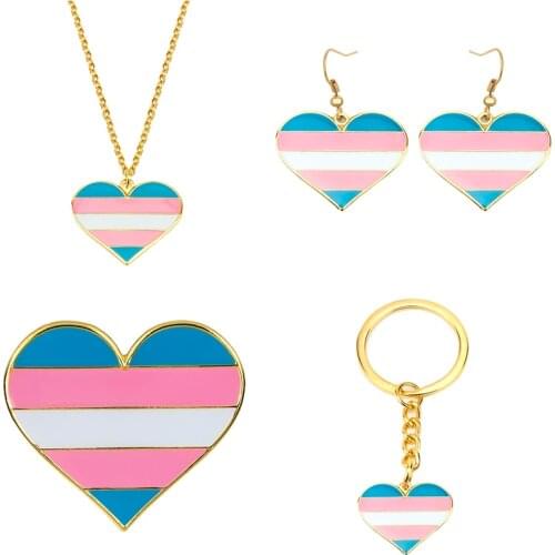 Transgender Earrings Transgender Pride Necklace Transgender Key Ring Transgender Badge Set Jewelry For Women Men Lovers Gift