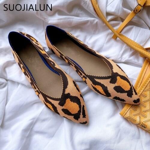 SUOJIALUN Women Flat Shoes Breathable Knitted Slip On Loafer Fashion Pointed Toe Shallow Stretch Fabric Female Casual Flat Shoes