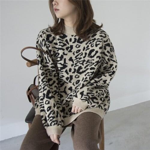 Womens Lazy Wind Round Neck Leopard Print Sweater Blouse Loose Long Sleeve Knitting Unlined Upper Garment Woman Sweaters