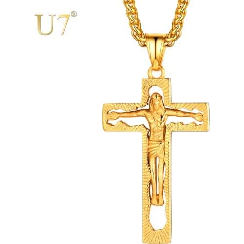 U7 Crucifix INRI Cross Pendant with 24" Chain Christian Jewelry Stainless Steel Hip Hop Gold Jesus Necklace for Men Women P1049