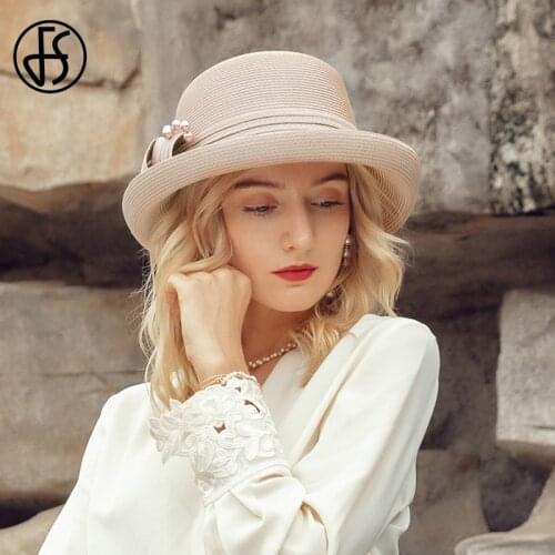 FS Sun Hat For Women Straw Bowler Floppy Wide Brim Hats Fashion Casual Bow Pearls Beach Hats Chapeau Femme