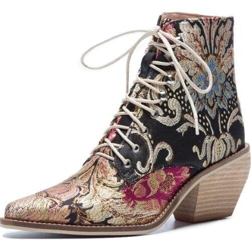 New Fashion Autumn Winter Women Boots Flock Vamp Pointed Toe Lace-Up Height Square Heels Plus Size Flower Boots 20181105