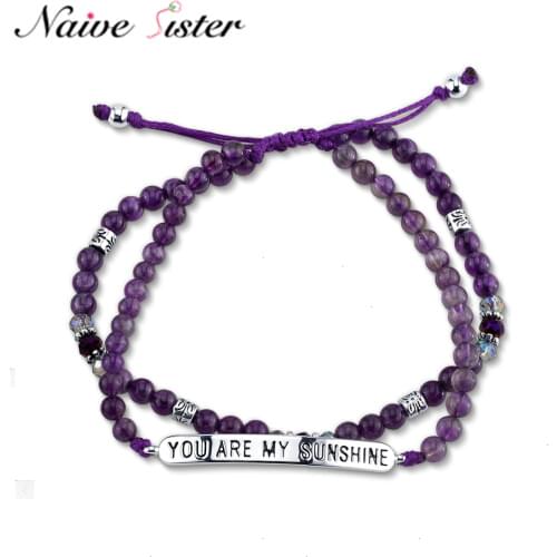 '' You Are My Sunshine '' Women Bracelet Double Layer Purple Beads Bangle Bracelets Love Gift for Girls Ladies Jewelry Bohemian