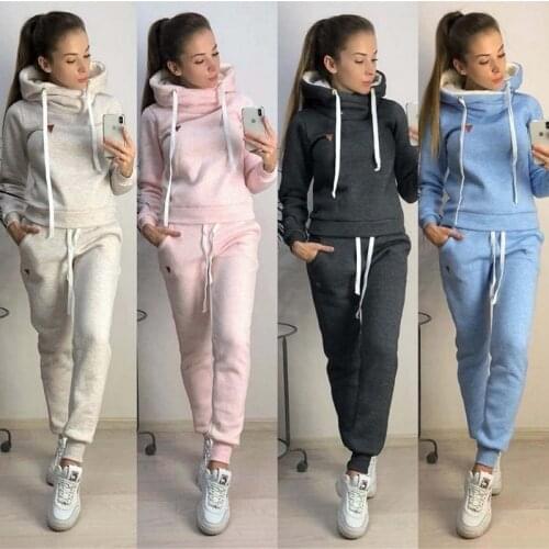 Women Elegant Solid Color Suit Ladies Warm Hoodie SweatshirtAnd Trousers 2021 Autumn WinterFleece Fashion Sports 2-Piece Set
