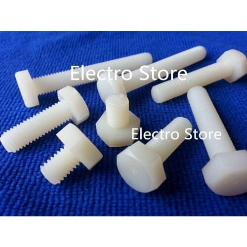 Free Ship 100pcs M5 Hex Nylon screws hex bolts screws White Length 6mm 8mm 10mm 12mm 15mm 20mm 25mm 30mm 35mm 40mm 50mm