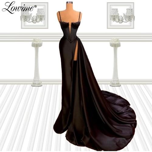 Beaded Black Long Evening Dresses 2021 Customized Plus Size Satin Elegant Party Dress Robes Dubai Arabic Mermaid Prom Dress Gown