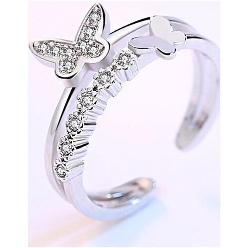 Double Layers Butterfly Opened Rings Zirconia Resizable Rings Fashion Finger Party Rings Jewelry Gifts for Women Girls