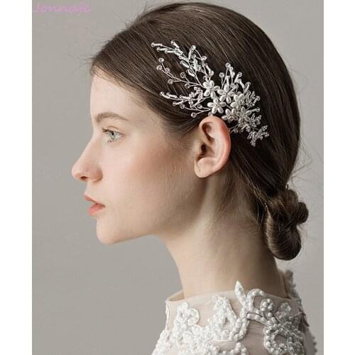 Jonnafe Hand wired Silver Color Bridal Pearls Hair Jewelry Rhinestone Wedding Hair Comb Accessories Women Headpiece