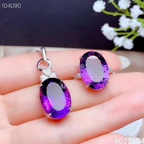 KJJEAXCMY fine jewelry 925 sterling silver inlaid natural amethyst women trendy fashion oval large gem ring pendant suit support