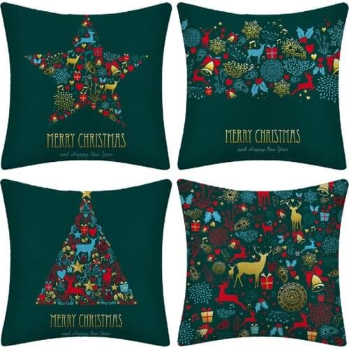Hot Green Merry Christmas Polyester Cushion Cover Happy New Year Tree Deer Pillow Covers for Home Decor Couch Decorative Pillows