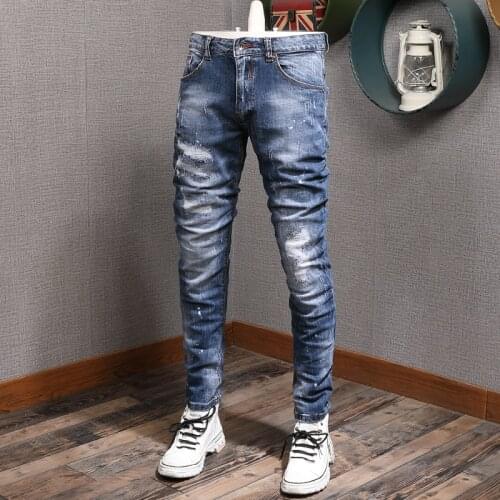 Italian Style Fashion Men Jeans High Quality Elastic Cotton Slim Fit Ripped Jeans For Men Vintage Designer Denim Pants Hombre