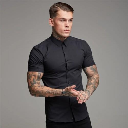 Mens Casual Social Shirt Formal Business Solid Color Tops Classic Button Short Sleeve Pocketless Dress Shirts Tops
