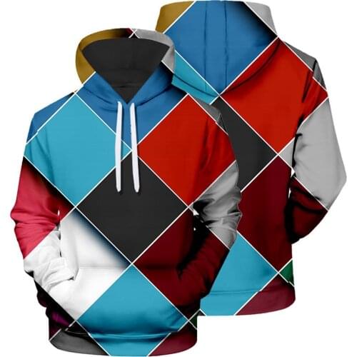 Mens Color Three-dimensional Square 3D Digital Printing Hooded Pullover Factory Wholesale