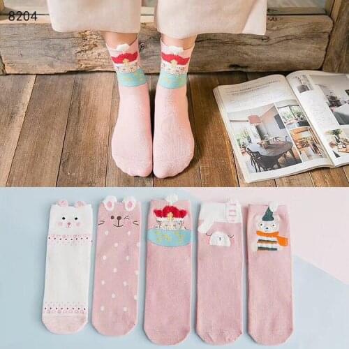 Japanese Cartoon Socks Female Mid-barrel Cotton Socks Cute Three-dimensional Lady Socks 5pairs/set Dull Hairy Ears Womens Socks