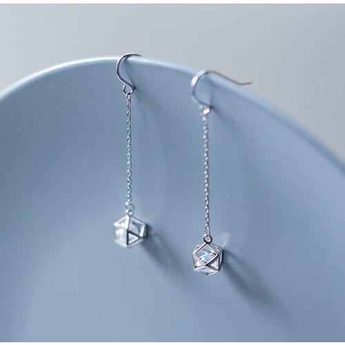 Real. 925 Sterling Silver Jewelry Crystal into the polygon Square Cube Geometric Hook Threader earrings Dangle C-E8166
