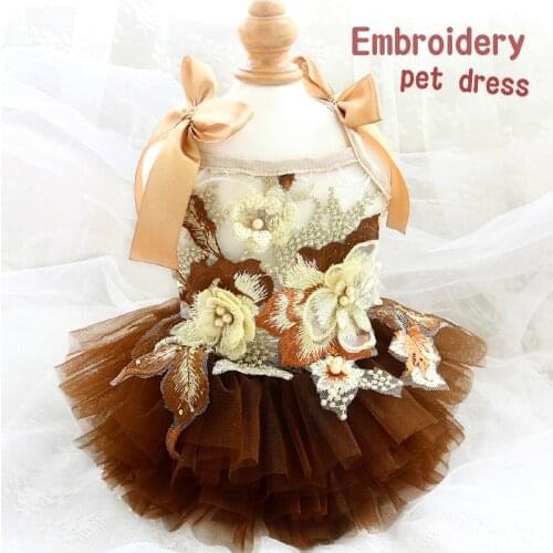 Free Shipping High-End Luxury Handmade Dog Clothes Slip Dress Embroidery Pearl Flowers Multilayer Pet Formal Attire Princess