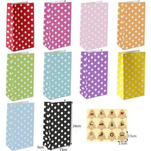 10pcs/set Christmas Gift Bags Colorful Dotted Wave Kraft Paper Bags Creative Retro DIY Baking Gift Packaging Bags With Stickers
