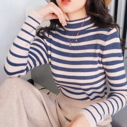 Women Turtleneck Sweater Casual Striped Knitted Pullover Female Long Sleeve Korean Style Sweaters