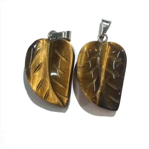 Trendy 2 Pcs Silver Plated Leaf Shape Tiger Eye Stone Pendant for Gift Gray Agates Plant Jewelry