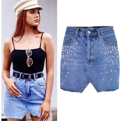 Women High Waist Mini Skirt Pearls Jeans Beads Embellished Decorated Denim Short Skirts Diamond Studded Streetwear High Street