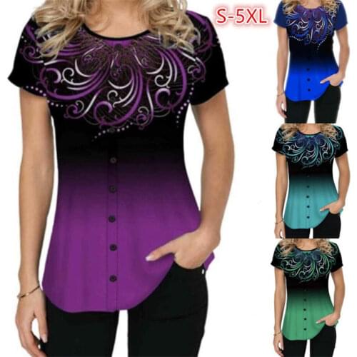 Women Short Sleeve 3D Gradient Print T Shirt 2021 New Summer Casual Loose Button Tshirts Fashion Female Tees Top Plus Size S-5XL