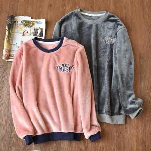 Women Pajamas Fleece Warm Round Neck Winter Flannel Pyjamas Sleepwear Tops+ Long Pants Couples Night Lounge Wear Male