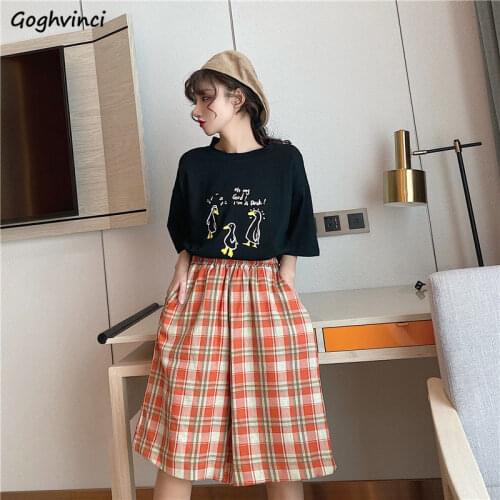 Women Shorts Straight Loose Plaid Slim Big Size 2XL Home Preppy Fashion Style Candy Colors High Elastic Waist Knee-length Simple