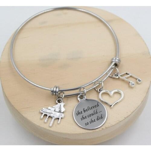 Stainless Steel Bangle Piano Bracelet Gift Expandable Bracelet Bangle Alloy Music Note Piano Charms Bracelet For Women Pulsera