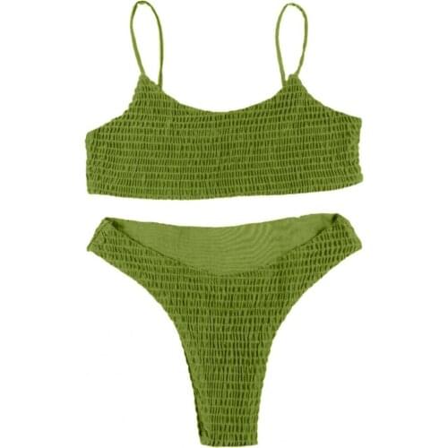 Backless Women Sexy Bikini Set Low Cut Bra Low Waist Briefs Two Pieces Set Spaghetti Straps Solid Pleat Swimwear Bathing Suit