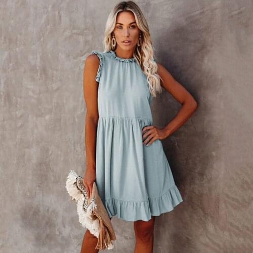 Womens Summer Dress 2021 Solid Color Sleeveless Ruffle Stitching A-Line Dress For Woman Dresses Femme Robes Vestido De Mujer