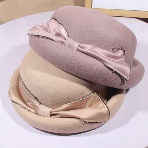 Winter New Style Japanese Retro Bowler Hat Small Top Hats For Women Ladies Bow Beret Painter Cap Catwalk Fashion Felt Hatter