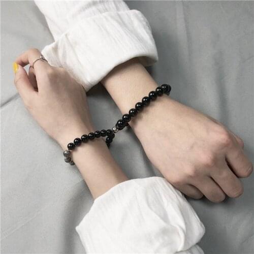 2pcs/set Charm Magnetic Couple Bracelets Obsidian Stone Beads Bracelet for Lover Magnet Jewelry Distance Valentines Day Gift