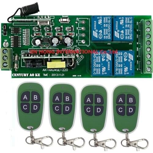 AC 85V-265V 110V 220V 230V 4 Channel RF Wireless Remote Control Switch System Receiver + 4 green Transmitters, 315 433.92 MHZ