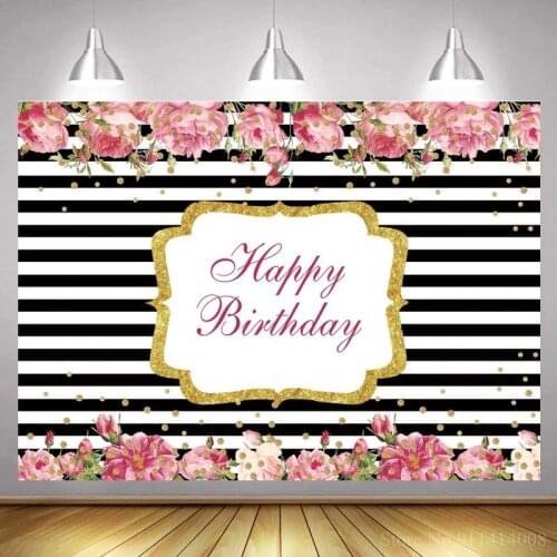 Black White Striped Line Pattern Happy Birthday Backdrop Photographic Women Birthday Celebration Party Floral Background Photo