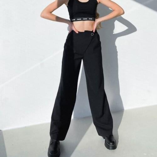 Black Solid Casual High Waist Long Pants Women Elegant Patchwork Slim Trousers Button Straight Pants Zipper Wide Leg Pants
