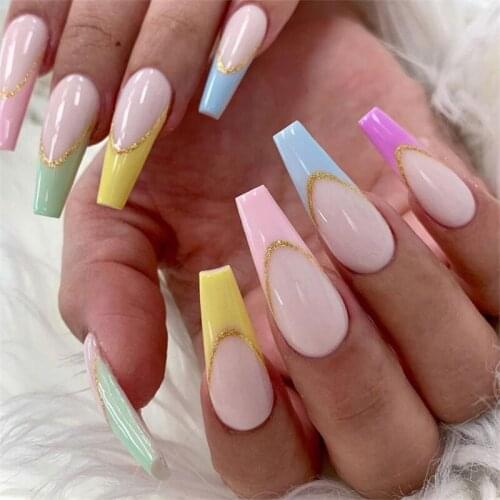 24PCS Colored Long Ballerina False Nail Tip Full Cover Nail Tips Artificial With Design Women Full Cover Manicure Tool JP1119