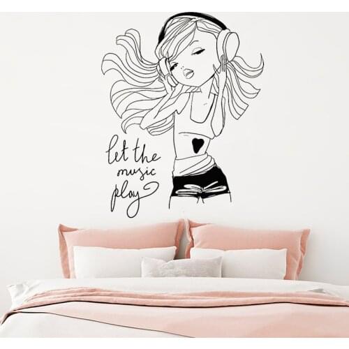 Girl Enjoy Music Wall Stickers Vinyl Headphones Juvenile Girls Bedroom Room Decoration Cartoon Character Removable Decal Z094
