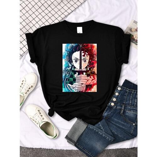 Anime Demon Slayer Kamado Tanjirou Printed T-Shirts Womens Casual Plus Size Soft Tops Females Slim Japanese Loose Harajukua Tees