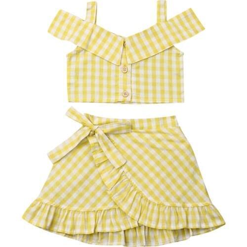 Citgeett Summer Yellow Fashion Toddler Baby Girls Plaid Clothes Off Shoulder Crop Top+Tutu Skirts Outfit Set