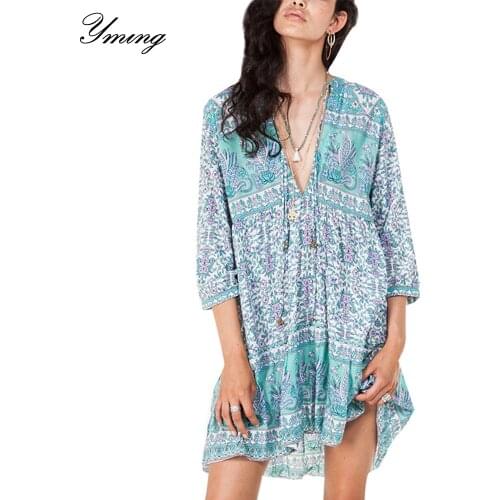 Yming Summer Boho Women Dresses Floral Printed Party Dress V-Neck Female Beach Sundress Mini Casual Loose Dress Cover Ups Woman