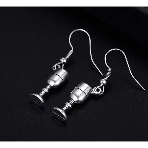 Trendy Vintage Wine Glass Cup Antique Silver Plated Punk Hiphop Rock Style Retro Drop Earrings for Women & Man Party Jewelry