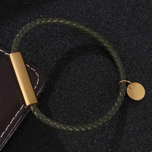 Trendy Leather Bracelet Men Stainless Steel Magnetic Clasp Handmade Men Bracelets Bangles Green Braided Leather Bracelet BB0712