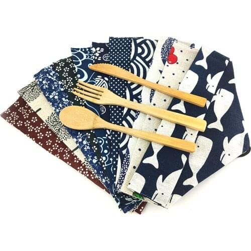 Hot 3Pcs/set Bamboo Cutlery Set Dinnerware Reusable Wooden Flatware Set Knife Fork Spoon Reusable Straws Travel Utensils