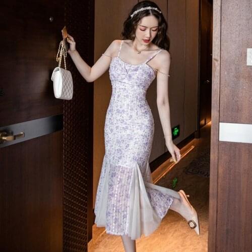 New Fashion Summer Beach Long Dress Ladies Elegant Sweet Sexy Strap Backless Pearl Floral Mesh Ruffle Bodycon Party Club Dress